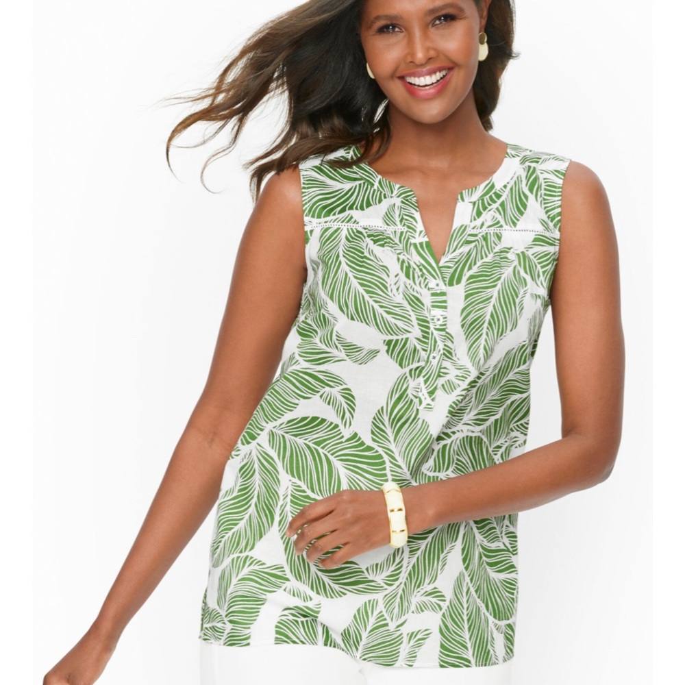 Talbots NWT- SPLIT NECK VOILE SHELL - LAYERED PALM LEAVES